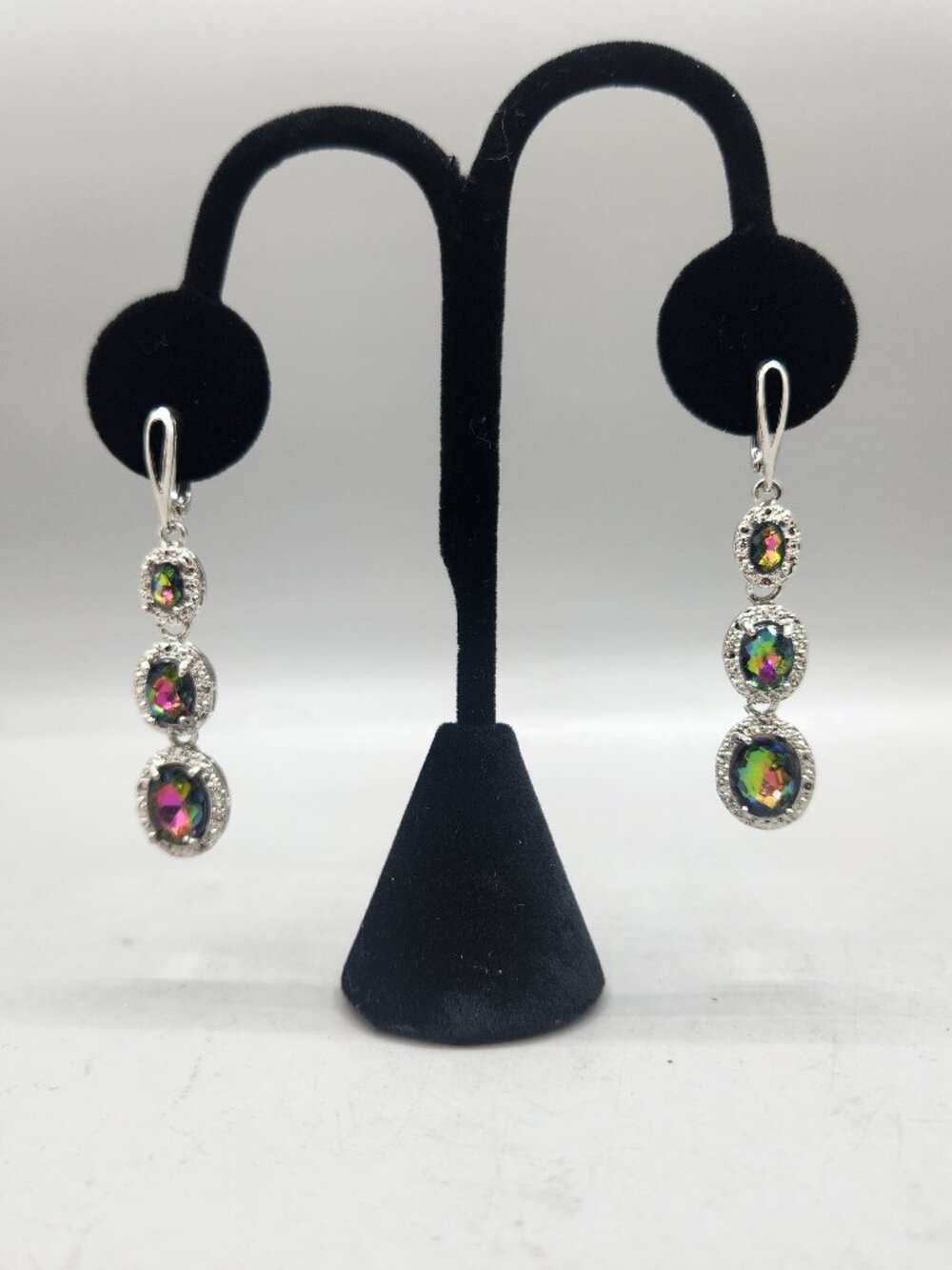 Rainbow Rhinestone Dangle Earrings Mystic Topaz Color Silver Tone Two Inch